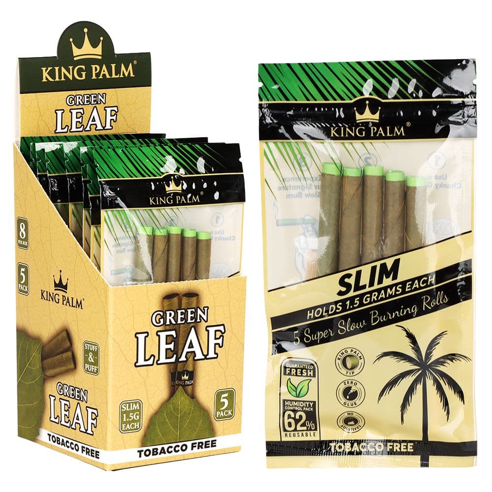 8CT DISPLAY - King Palm Green Leaf Pre-Roll Wraps - 5pc / Slim